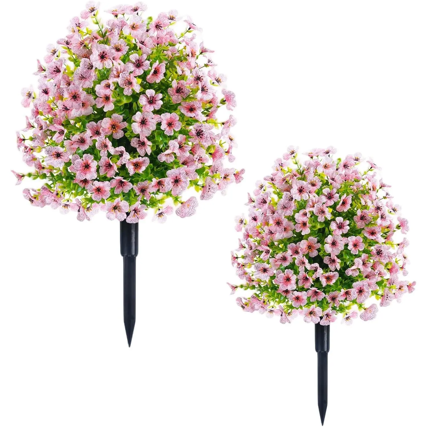 60cm UV-Resistant Artificial Outdoor Boxwood Ball with Flowers & Ground Spike - Decorative Realistic Topiary, Maintenance-Free PVC+Fabric Set of 2 for Front Door, Garden