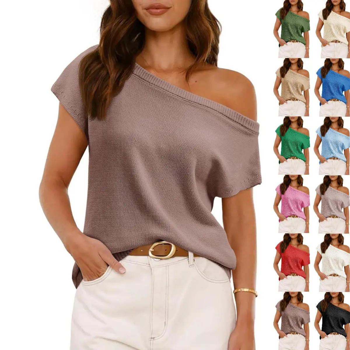 Imily Bela Womens Off One Shoulder Sweater Tops Summer Short Sleeve Casual Loose Knit Trendy Going Out Tops