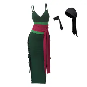 Green Samurai Kimono Dress for Women Female Warrior Cosplay Outfit Japanese Traditional Kimono with Belt Halloween Costume Anime Style Dress Adult Party Role Play Clothing