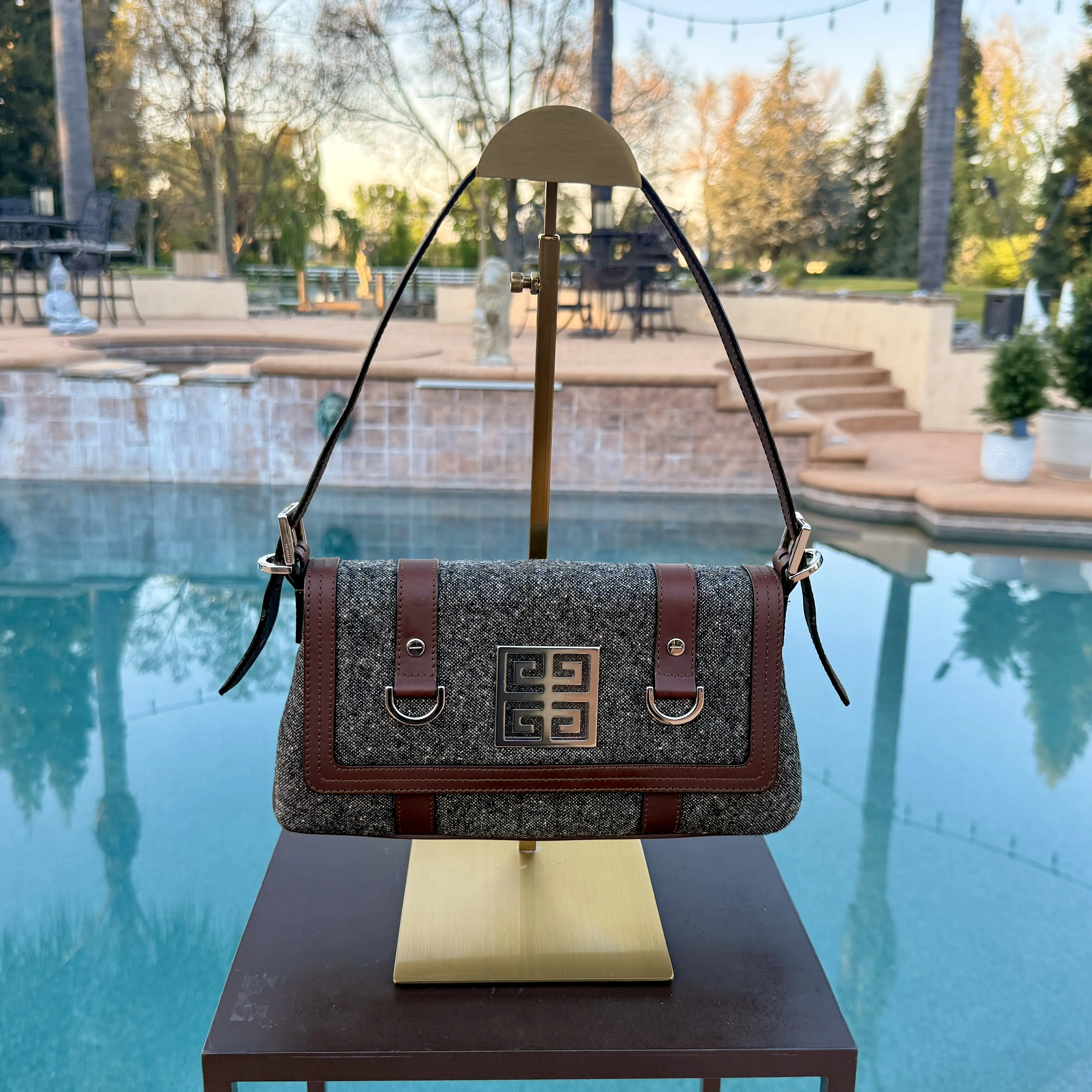 Pre-owned GIVENCHY Wool and Leather Shoulder Bags Givency Shoulder Bag w/ Silver Hardware Pochette Style Small