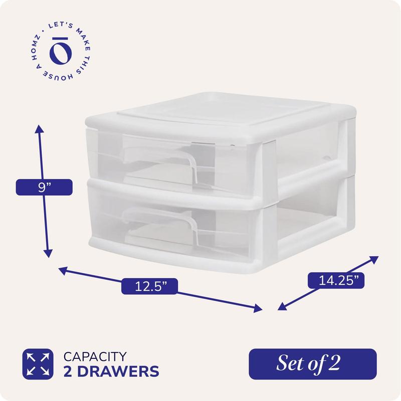 Homz Plastic 2 Drawer Medium Storage Cart, White Frame with Clear Drawer, 2 Pack