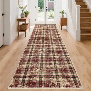 Garvee Washable Rugs 2x10 Runner Rug Modern Plaid Bathroom Rugs Non Slip Kitchen Runner Low Pile Entryway Rug Soft Runners Stain Resistant Carpet for Laundry Hallway Bedside 2'x10' Red