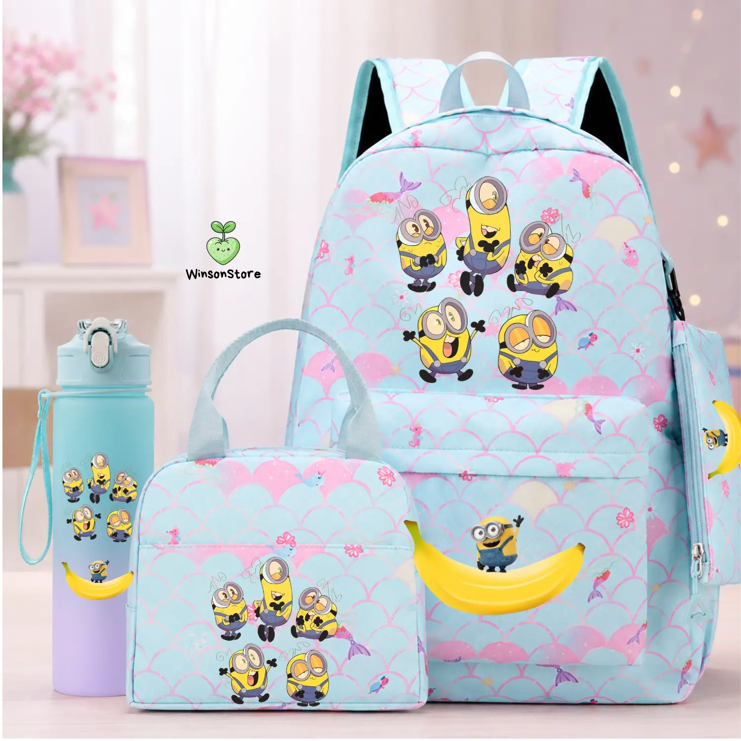 Minions School Backpack Set 4 Pieces - Cute Cartoon Mermaid Scale Bookbag with Lunch Box, Water Bottle & Pencil Case | Lightweight Waterproof School Bag for Kids & Students