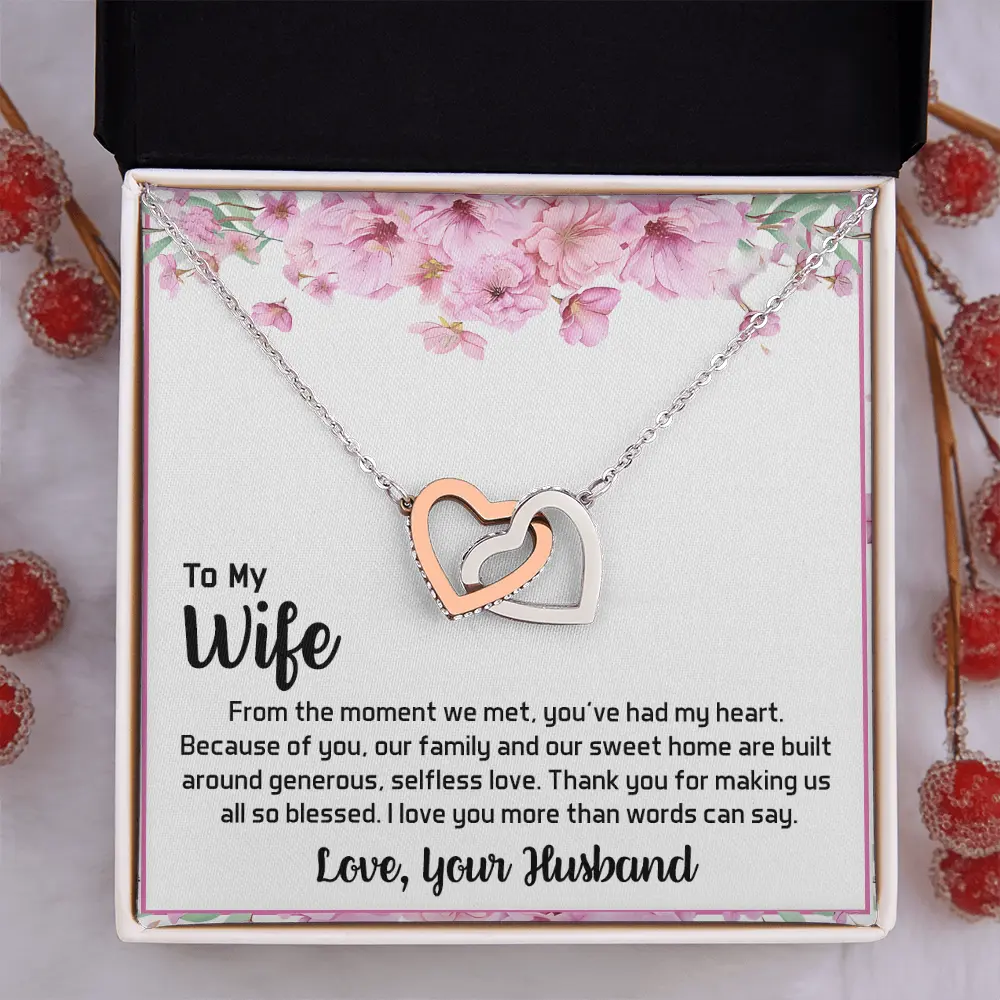 To My Wife Interlocking Hearts Necklace, Romantic Two Hearts Pendant Anniversary Birthday Gift for Wife from Husband, Sweet Home Jewelry with Message Card