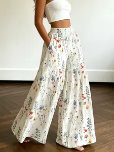 Colorful Small Floral Printed Wide Leg Pants, Loose Fit High Waist Thin Casual Skirt Pants, Boho Style All Seasons Home Pants
