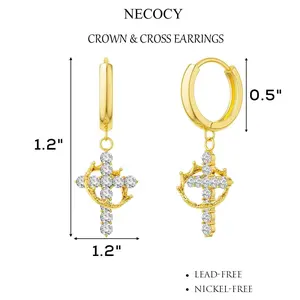Tewiky Colorful Crown Cross Earrings For Women Dainty CZ Cross Pendant Earrings Hypoallergenic Non Tarnish Earrings Trendy Jewelry Christian Gift For Girls For Christmas Gift