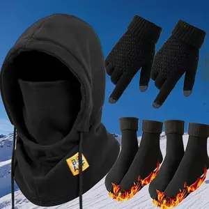 5-piece winter thermal insulation set, windproof and cold proof knitted balaclava hat+gloves+socks set, winter cycling set, thick fleece-lined polar fleece windproof face mask，Windproof and thermal mask