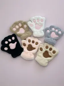 New Cute Cat Paw Fingerless Gloves for Women, Thick Plush Winter Warm Cartoon Mitts, Fitted Casual Style, All Seasons Wear