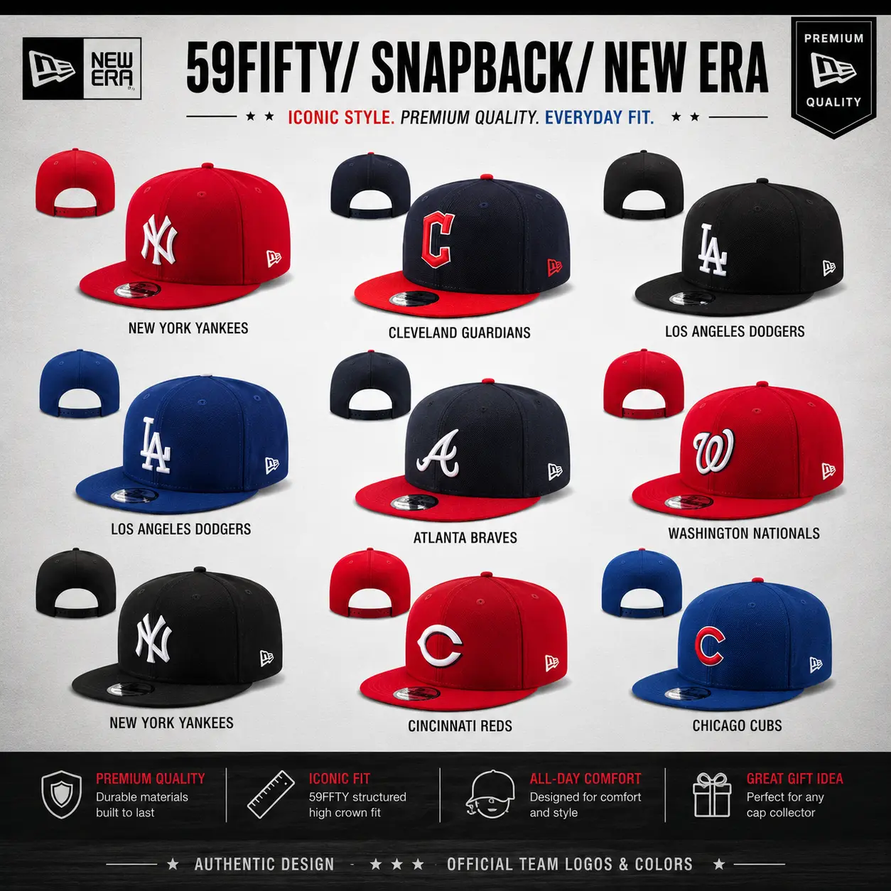 New Era MLB 59FIFTY Snapback Baseball Cap Flat Bill Adjustable Hat for Men Women, New York Yankees Los Angeles Dodgers Chicago Cubs Atlanta Braves Cleveland Guardians Cincinnati Reds Washington Nationals Premium Streetwear Hip Hop Team Logo Gift