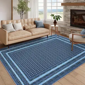 Washable Foldable Printed Carpet, Modern Linen Frame, All-Room Rug, Gray Blue