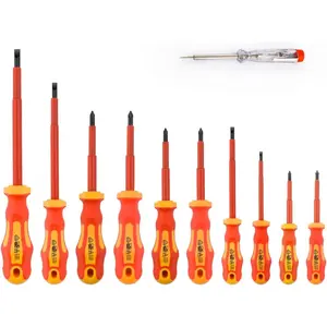 11 count VDE Insulated  Set, 1000V with Black Tip , TPR Handle Electrician Soft-Grip Slotted Phillips and Pozi Tools with Safety Tester for Electrician Repair