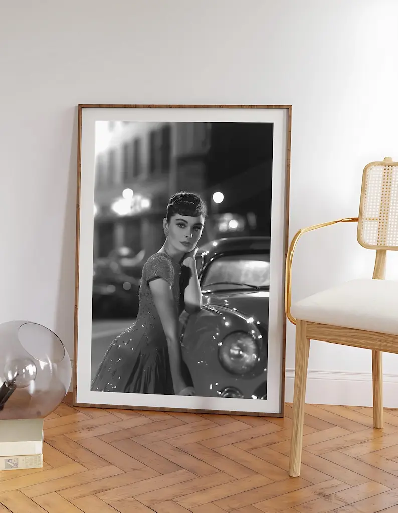 Audrey Hepburn with Classic Car Poster, Hollywood Glamour Art, Vintage Style, Art Print