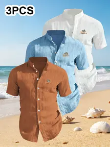 3-Pack Men's Summer Short Sleeve Shirts, Chest Print Design, Lightweight Breathable Solid Stand Collar Button Shirt, Ideal for Beach Poolwear