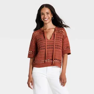 Women's Short Sleeve Keyhole Neck Pullover Sweater - Universal Thread Orange XS
