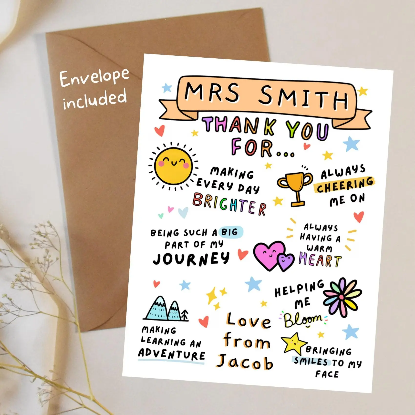 Personalised Teacher Thank You Card, End of School Year Card, Teacher Appreciation Card, Custom Name Card, Teacher Leaving Card