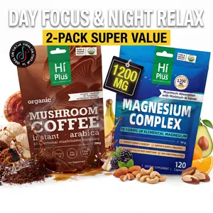 HiPlus Day & Night Bundle (2-Pack) – Mushroom Coffee & Magnesium 1200mg – Focus & Sleep Support Kit