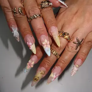 Terra Nails – Mermaid Pink Blue Press On Nails | Pastel Ocean Beach | 3D Floral & Seashell Design | Pearl Summer Press Ons – TN235