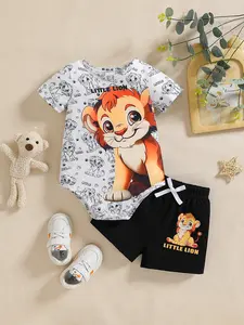 Baby summer two-piece set with small lion pattern short sleeved shirt and black shorts. The shirt is full of printed small lions and the word "LITTLE LION". The shorts have a small lion print and white ties for daily play and parent-child activities