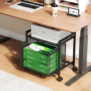 Under Desk Storage, Printer Stand with Drawer, Rolling File Cabinet with Adjustable Table Top, 2 Tier Industrial Shelf with Fixed Feet Wheels, Sofa Side Table Organizer for Home Office, Black