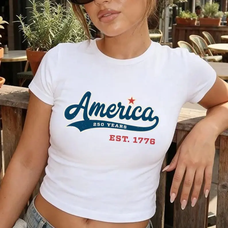 America Est 1776 Baby Tee for Women, Y2K USA Flag Graphic Crop Top, Cute Fourth of July Shirt, Patriotic Summer Outfit, Vintage Independence Day Gift for Her, Teens and Girls
