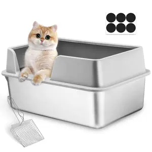 Stainless Steel Litter Box for Cats Dogs Enclosed Cat Litter Boxes Metal Litter Box with Lid, Scoop, High Sided Steel Litter Box 19.7" x 13.7" x 9.8" Large