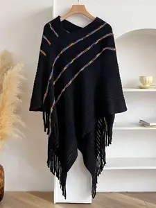 Women's Colorful Striped Pattern Poncho, Casual Soft Warm Boho Style Shawl for Daily Wear, Fashion Accessories for Women & Girls, Textured