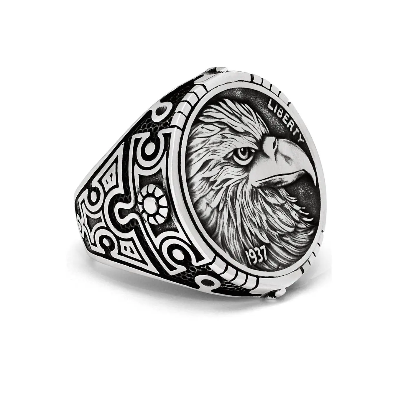 Sterling Silver 925 Men's American Eagle Ring 1937 Liberty 25MM