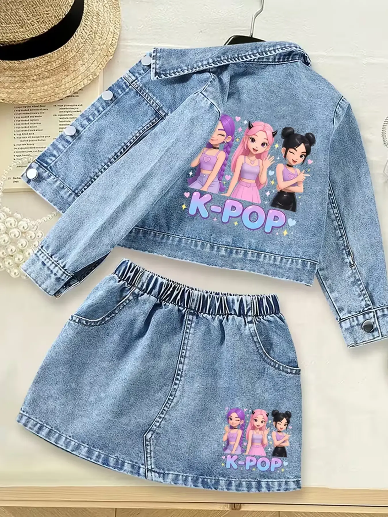 Girls' Casual Cartoon Denim Skirts Sets, Loose Jacket & Elastic Waist Skirt for Spring Summer Fall, Comfortable Clothing Set, Fine Girls Outfit, Fashion Clothes, Ideal Gift