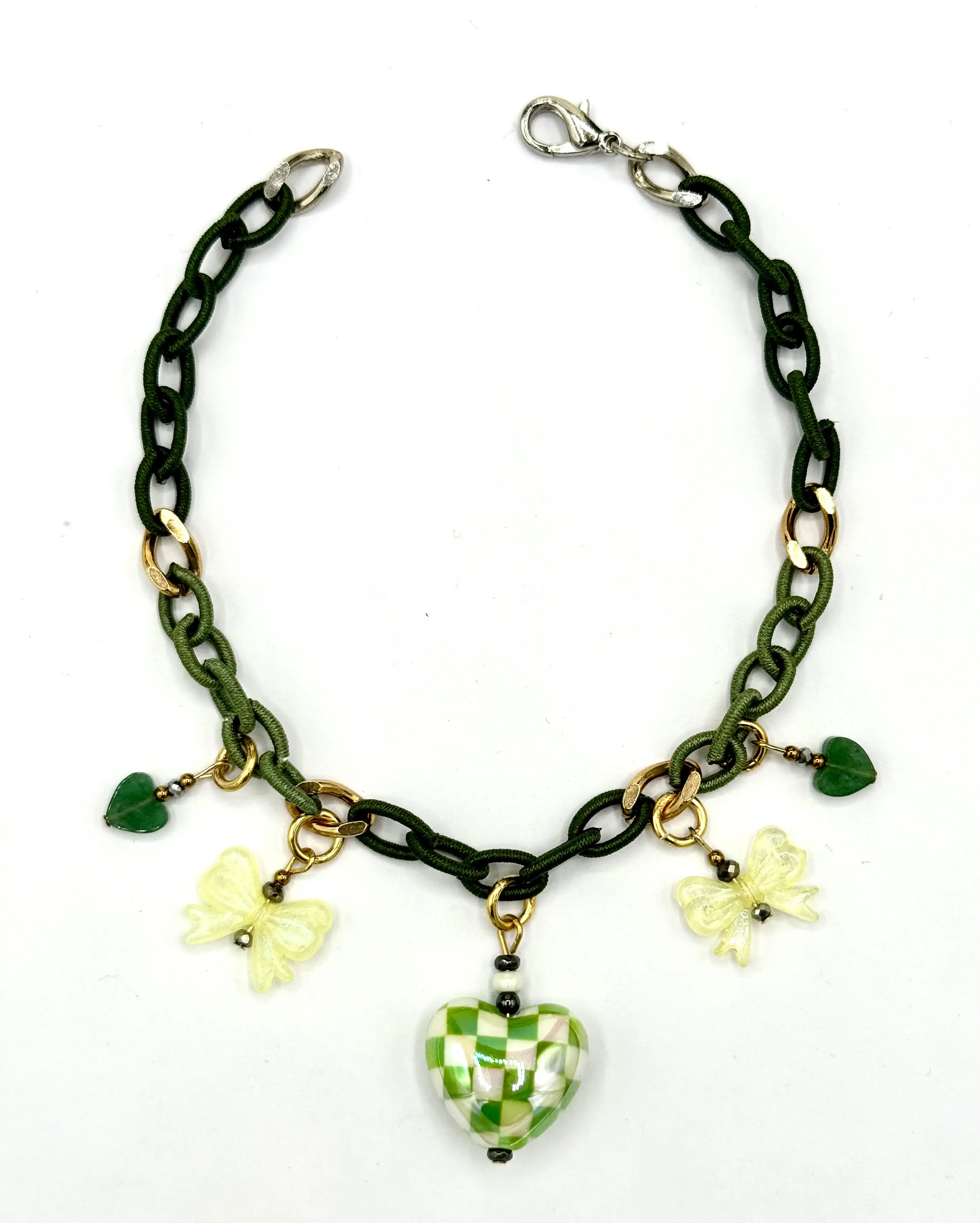 Maison Paw The Heartbreakers green necklace for Dogs & Cats with Bow Charms and green Hearts Lightweight Pet Jewelry 11" Length Customizable Up to 13"  Handmade in Los Angeles