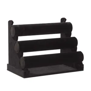 3-Tier Velvet Bracelet Holder Stand and Organizer - Jewelry Display Rack (Black)