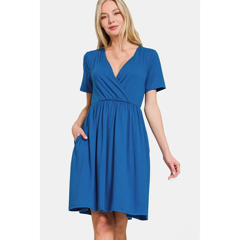 Surplice Short Sleeve Brushed DTY Dress - Basic Style, Pocketed Design, 90% Polyester & 10% Spandex, Comfortable Fit.