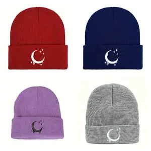 "TikTokShopBlackFriday" Warm Knitted Gothic Black Beanie with Crescent Moon and Stars Embroidery, Soft Skull Cap for Women and Men, Cozy Winter Streetwear Hat, Stylish Casual Accessory for Cold Weather and Gift Giving beanies adjustable wear Knit Heart
