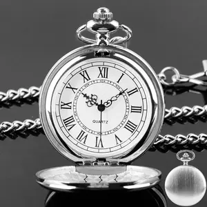 FOB Pocket Watch with Luxury Smooth Silver Pendant, Modern Analog Clock with Roman Numerals,Unisex Chain, Gift