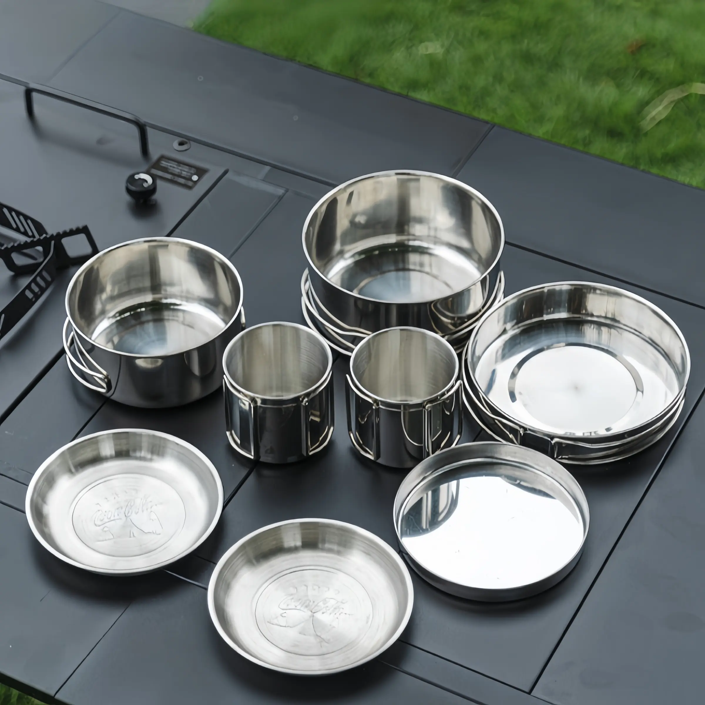 304 Stainless Steel Camping Cookware Set, 8 Piece Outdoor Cooking Kit with Pot Frying Pan Cup, Silver Color, Ideal for Hiking Backpacking
