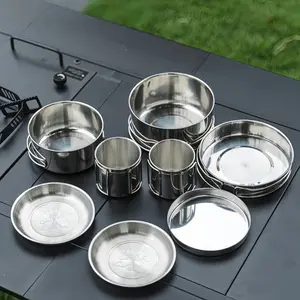 304 Stainless Steel Camping Cookware Set, 8 Piece Outdoor Cooking Kit with Pot Frying Pan Cup, Silver Color, Ideal for Hiking Backpacking
