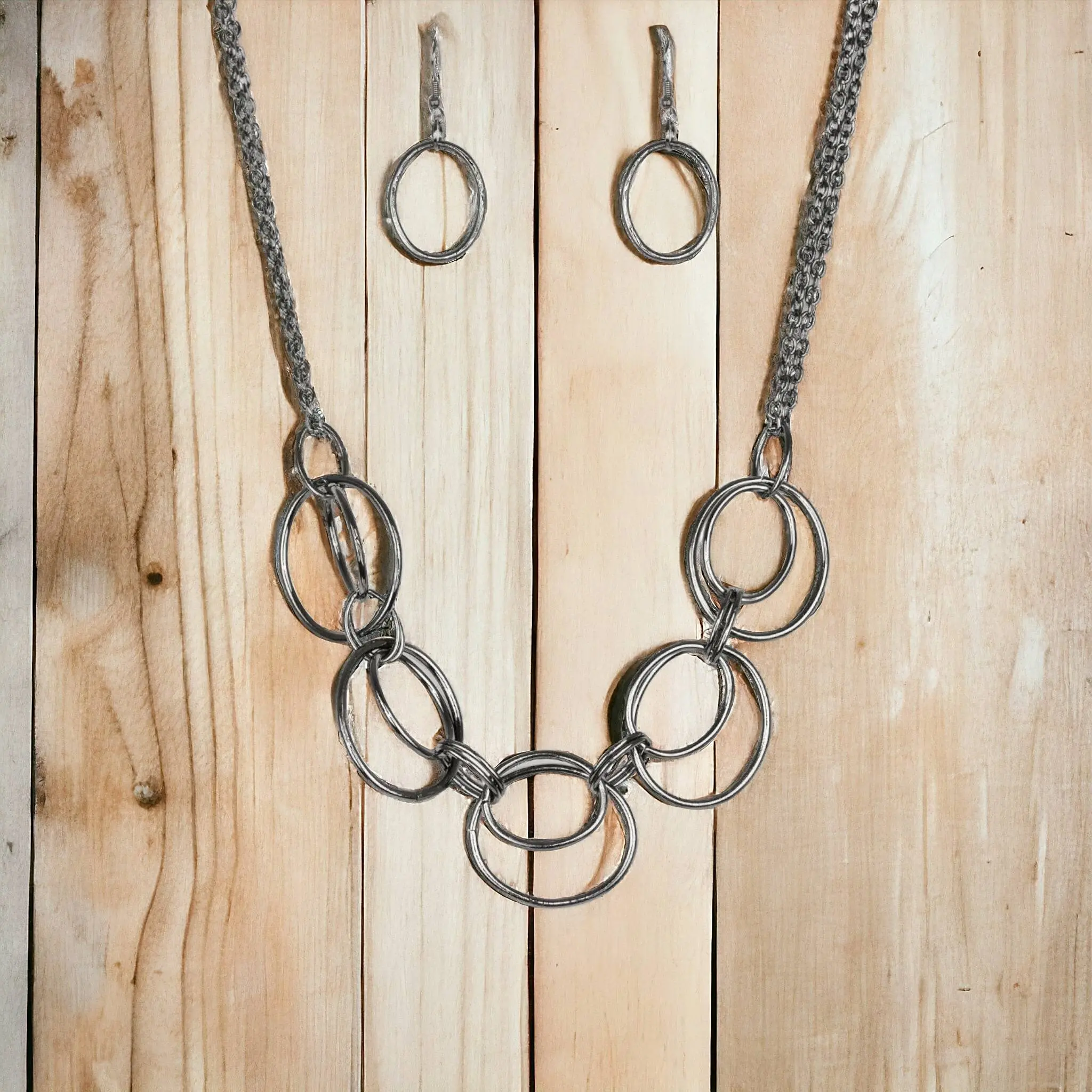 Urban Orbit Black Necklace with Circular Pendants, Simple Design, Chain Strap