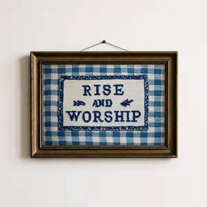Rise and Worship Embroidery Art Blue Gingham Cottagecore Wall Art Christian Scripture Print Vintage Faith Decor Farmhouse Bedroom Kitchen Entryway Gallery Wall Poster Spiritual Quote Artwork Home Aesthetic Unframed Print
