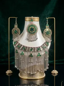 Luxury Afghan Green Stone Statement Jewelry Set for Women – Boho Tribal Fringe Necklace & Drop Earrings – Ethnic Bridal Choker Set – Festival Party, Wedding Jewelry Set For Women.