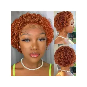Pixie Cut Curly Human Hair Wigs Ginger 350 Short Curly Lace Front Human Hair Wigs For Women 6 Inch 13x1 Transparent Lace Frontal Wigs Water Wave Dark Rooted To Ginger Orange Color