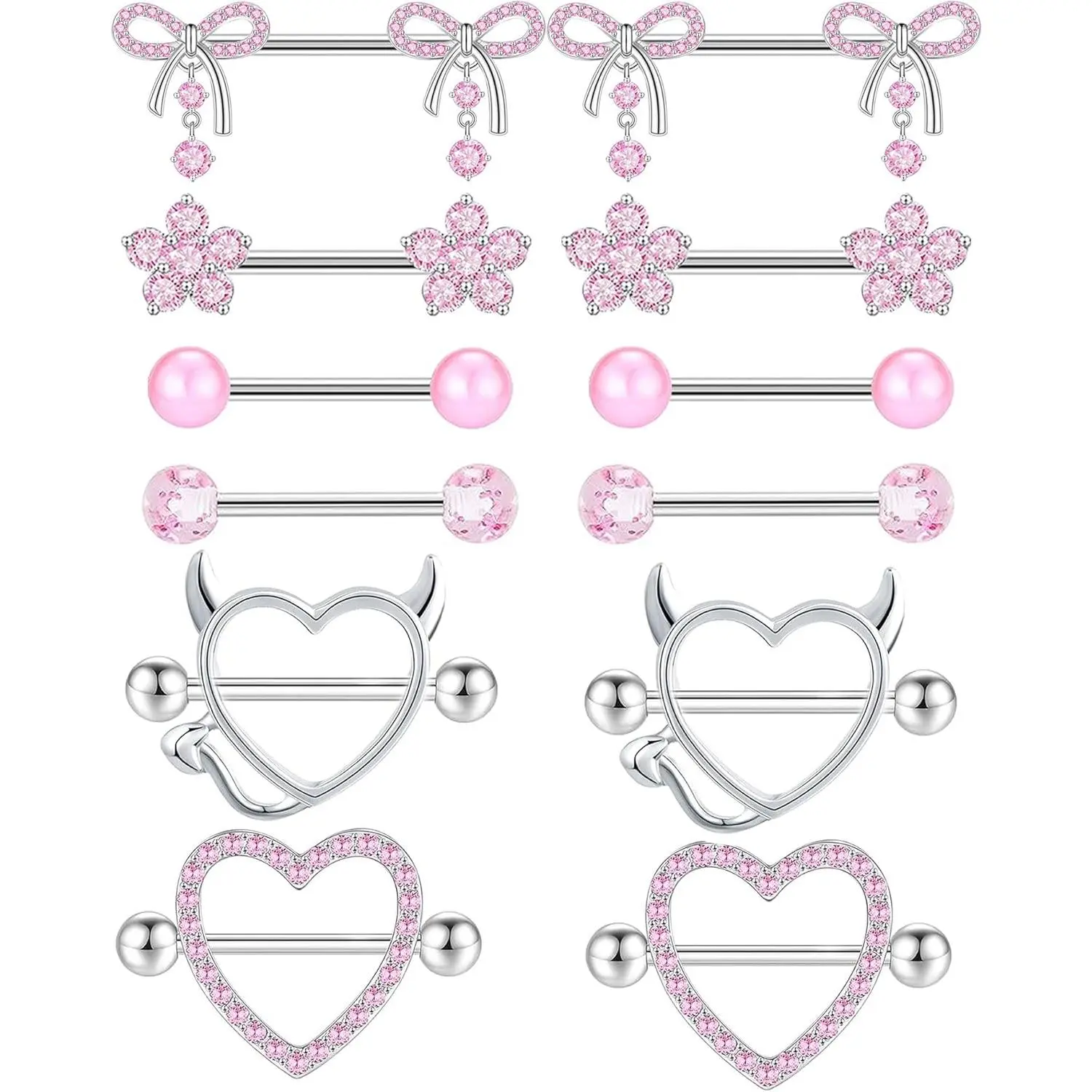 6 Pairs 14G Nipple Rings for Women 316L Stainless Steel Heart Bow CZ Flower Barbell Nipple Rings Set Cute Nipplerings