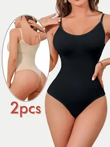 2-Pack Seamless Thong Shapewear, Minimalist Full Coverage Waist Cincher, Butt Lifter Slimming Body Shaper, Wireless Lined Lingerie, Medium Support