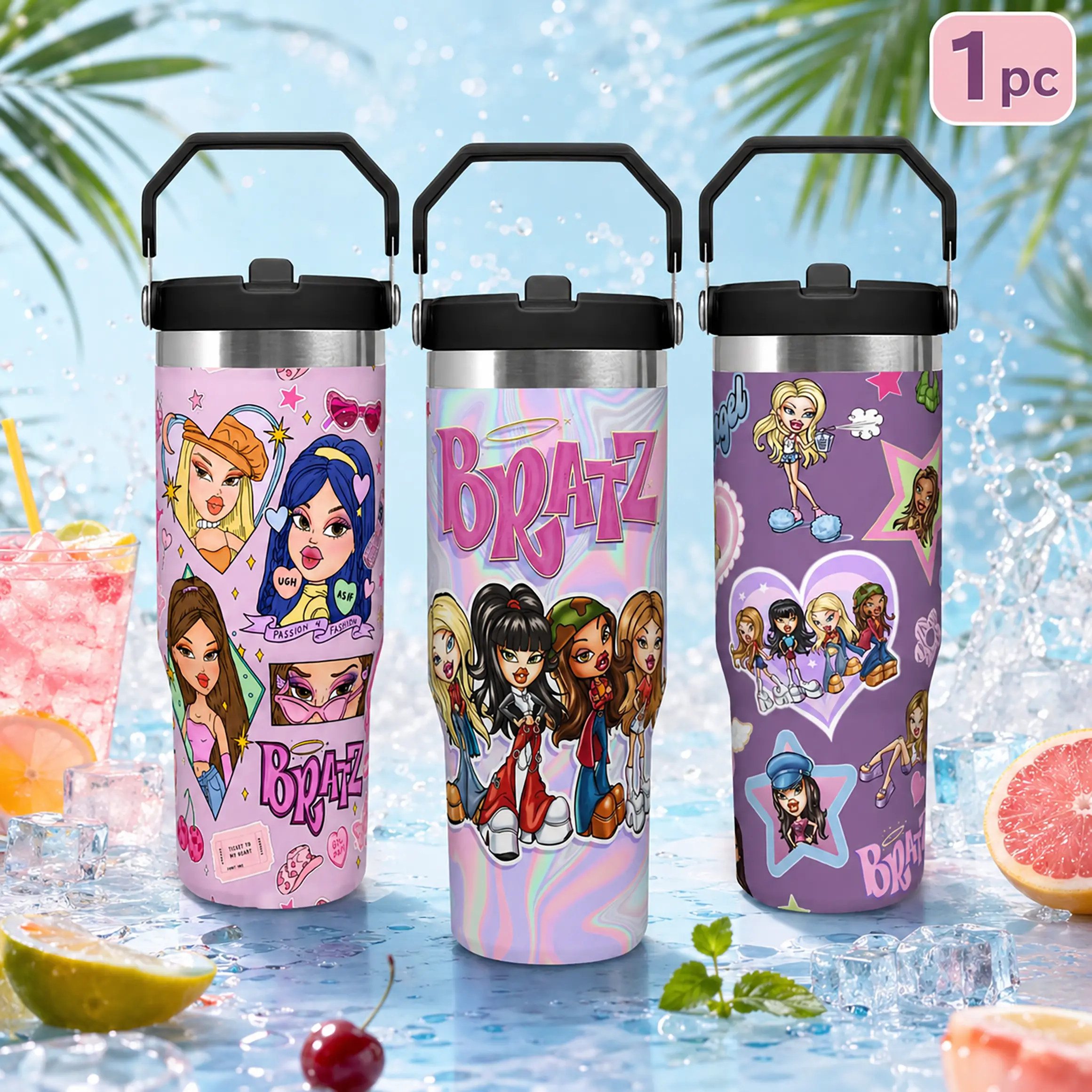 1pc Bratz Cartoon Graphic 30oz Handheld Car Cup Stainless Steel Vacuum Insulated Leakproof Travel Mug With Lid Straw Cup Holder Friendly Reusable Hot Cold Coffee Water Cup For School Office Gym Girls Teens Women Viral Gift
