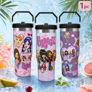 1pc Bratz Cartoon Graphic 30oz Handheld Car Cup Stainless Steel Vacuum Insulated Leakproof Travel Mug With Lid Straw Cup Holder Friendly Reusable Hot Cold Coffee Water Cup For School Office Gym Girls Teens Women Viral Gift