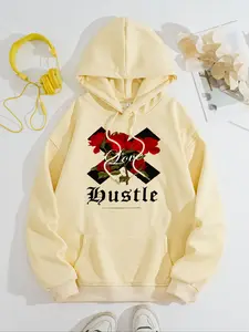 Women's Casual Rose Love Print Hoodie with Front Pocket, Fleece Lined Pullover Sweatshirt, Fall & Winter Loose Fit Jumper