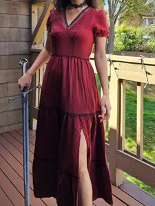 Women's 100% Cotton Cottagecore Casual Dress - Reddish Brown, Embroidered V-Neck, Puff Sleeves, Flowy Tiered Skirt, Breathable Lightweight Fabric, Fairy-Inspired, Zipper, Lace Accents, Side Slit, Festival Ready, Fit for Everyday Wear, Renaissance Faire