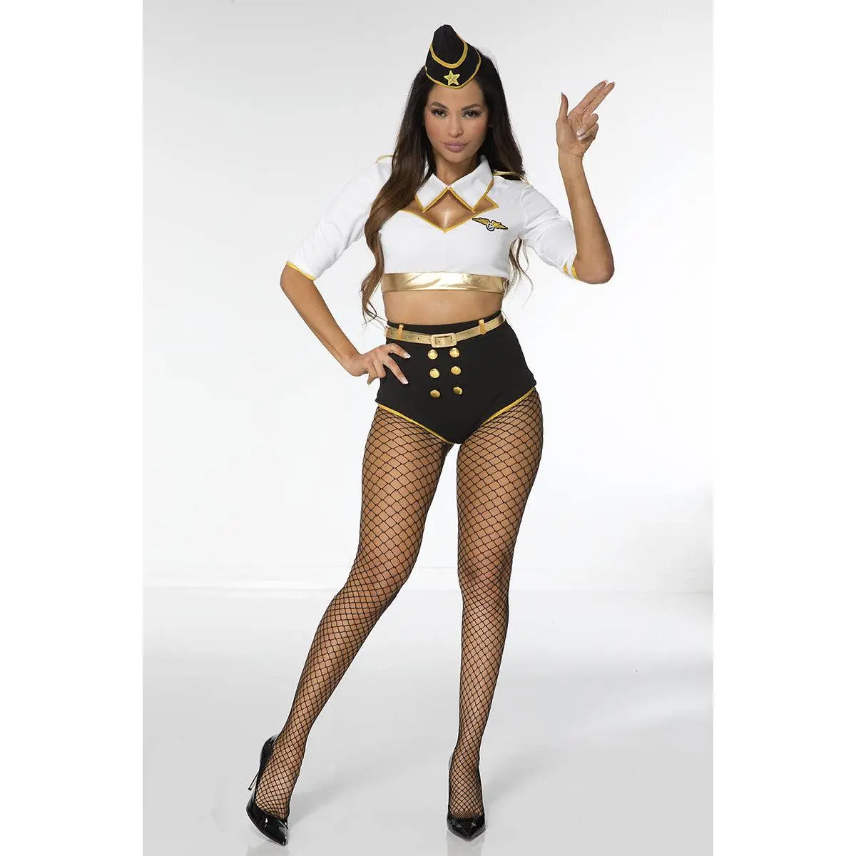 Flight Attendant Halloween Costume for Women, Sexy 4-Piece Polyester Set with Gold Trim Shorts, Top, Hat & Belt, Costume Ideas, Flight Attendant Costume, Women Halloween Costume
