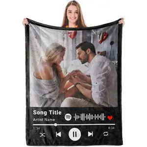 Ships Next Day Custom Blanket with Picture and Spotify Code Customized Blanket Fleece Custom Picture Blanket Personalized Photo Throw Blanket Valentine's Day Gifts for Couple Wife Husband