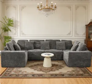 135.5 Inch Grey Striped Corduroy Sectional Sofa, Spacious 6-Seater U-Shaped Modular Couch with Reversible Chaise Lounge, Freely Combinable Stylish Furniture for Living Room Interior Decoration