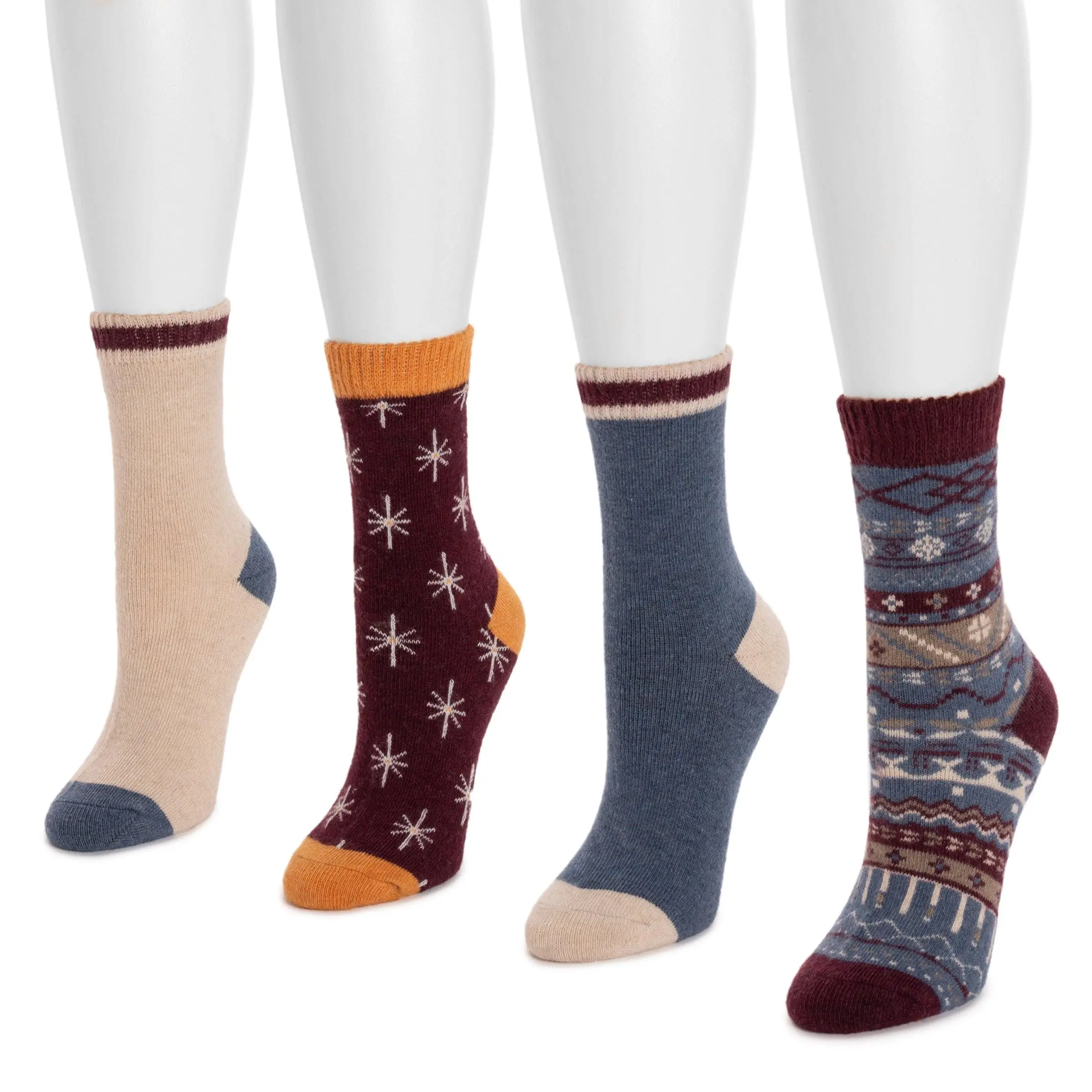 Women's Boot Socks, 4-Pair Calf High Pack with Holiday Motifs, Warm & Comfy Acrylic Spandex Blend, Flexible Fit, Warmth Boost, Four Pairs