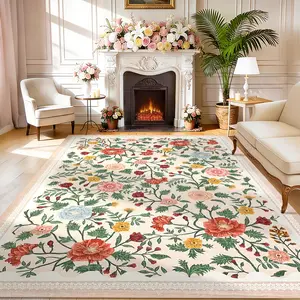 Floral Print Rug, Modern Washable Area Rug, Soft, Non-Slip, Bordered Floral Rug, Ultra-Thin, Foldable, Interior Decor Rug for Dining Rooms, Bedrooms, Children's Rooms, Laundry Rooms, Playrooms, Offices